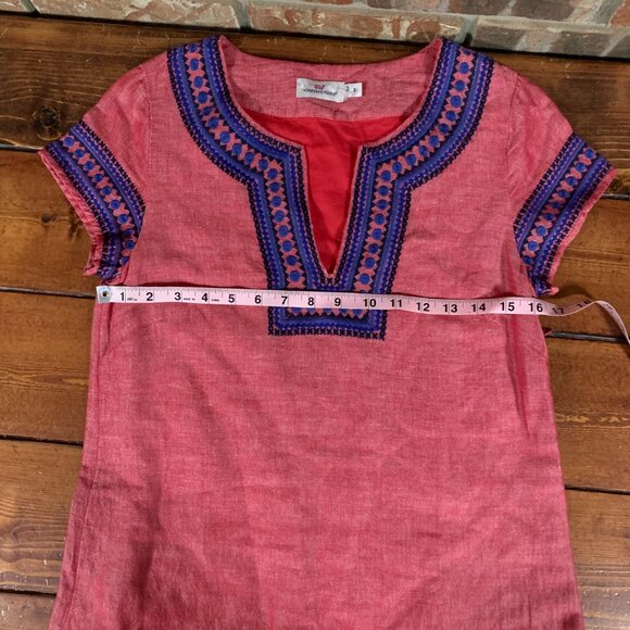 Vineyard Vines Embellished Red w/ Blue Embroidery Linen Cotton Blend Tunic Dress - Picture 13 of 15